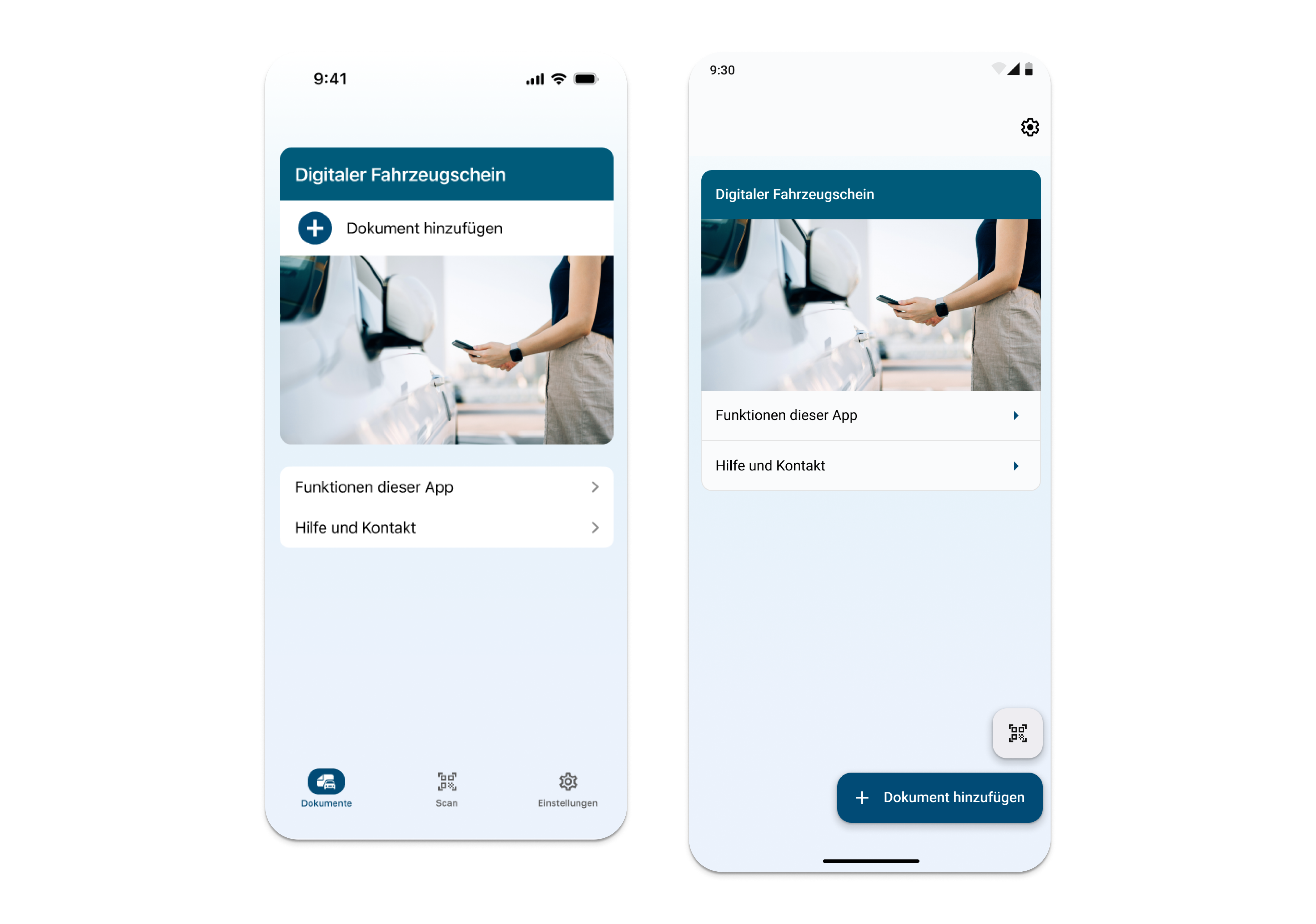 i-Kfz app interface showing cross-platform design on iOS and Android