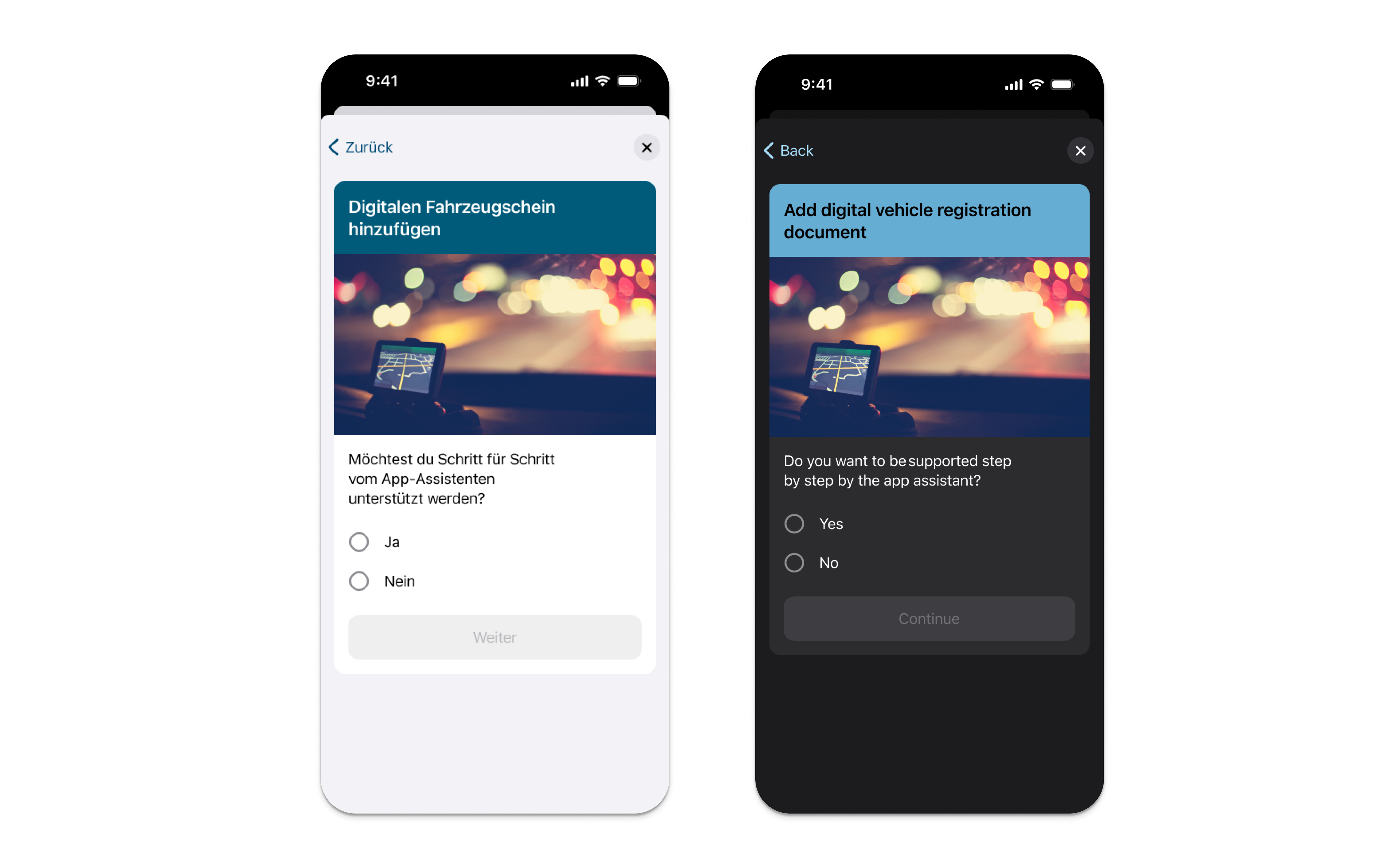 Mobile screens showing AI assistant asking for user preference in German and English