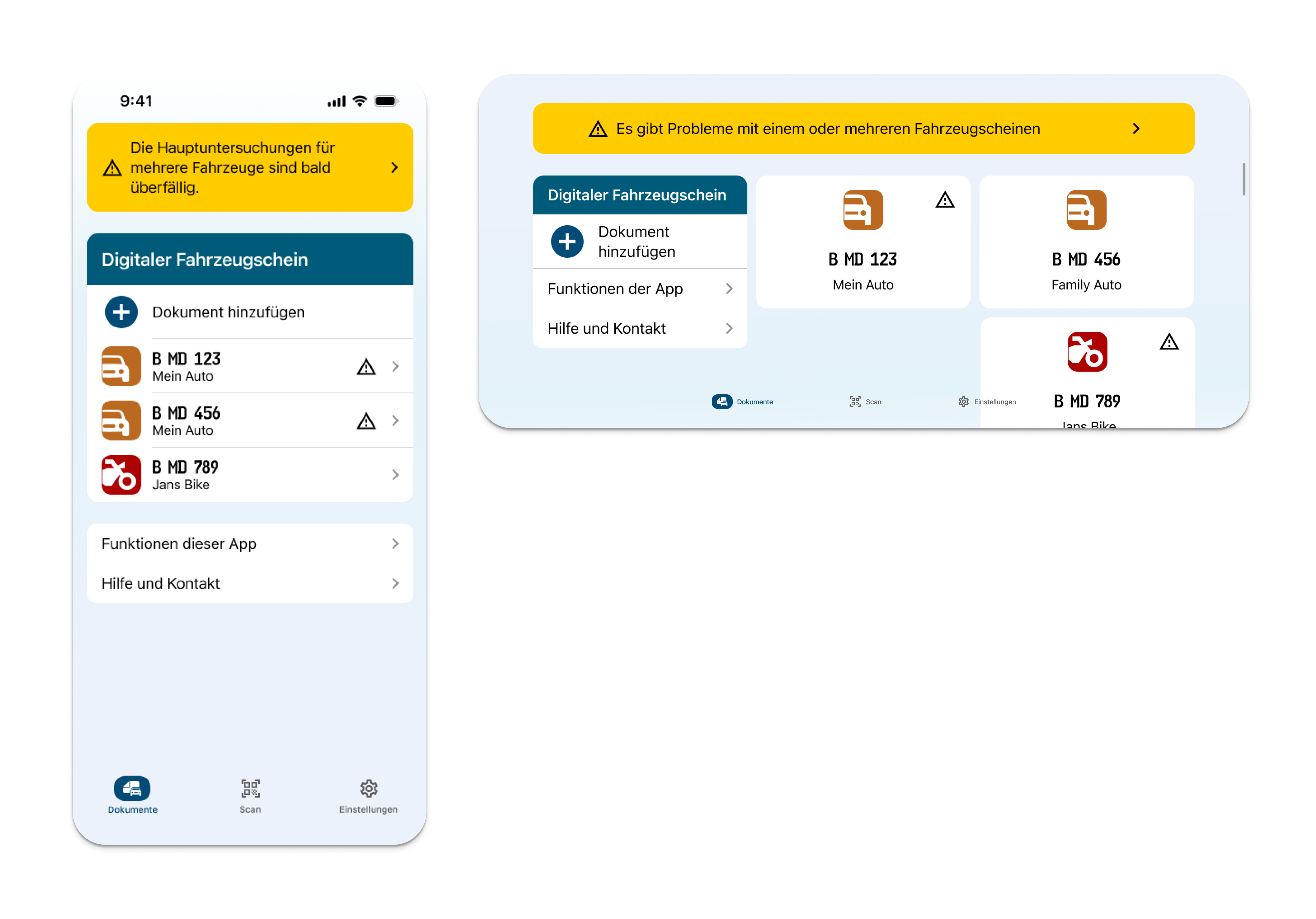 i-Kfz app showing accessible vehicle list and warning states