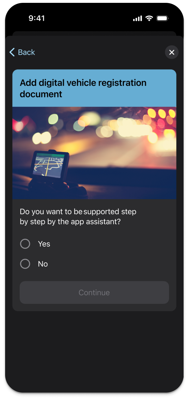 i-Kfz app smart assistant onboarding screen asking for step-by-step guidance