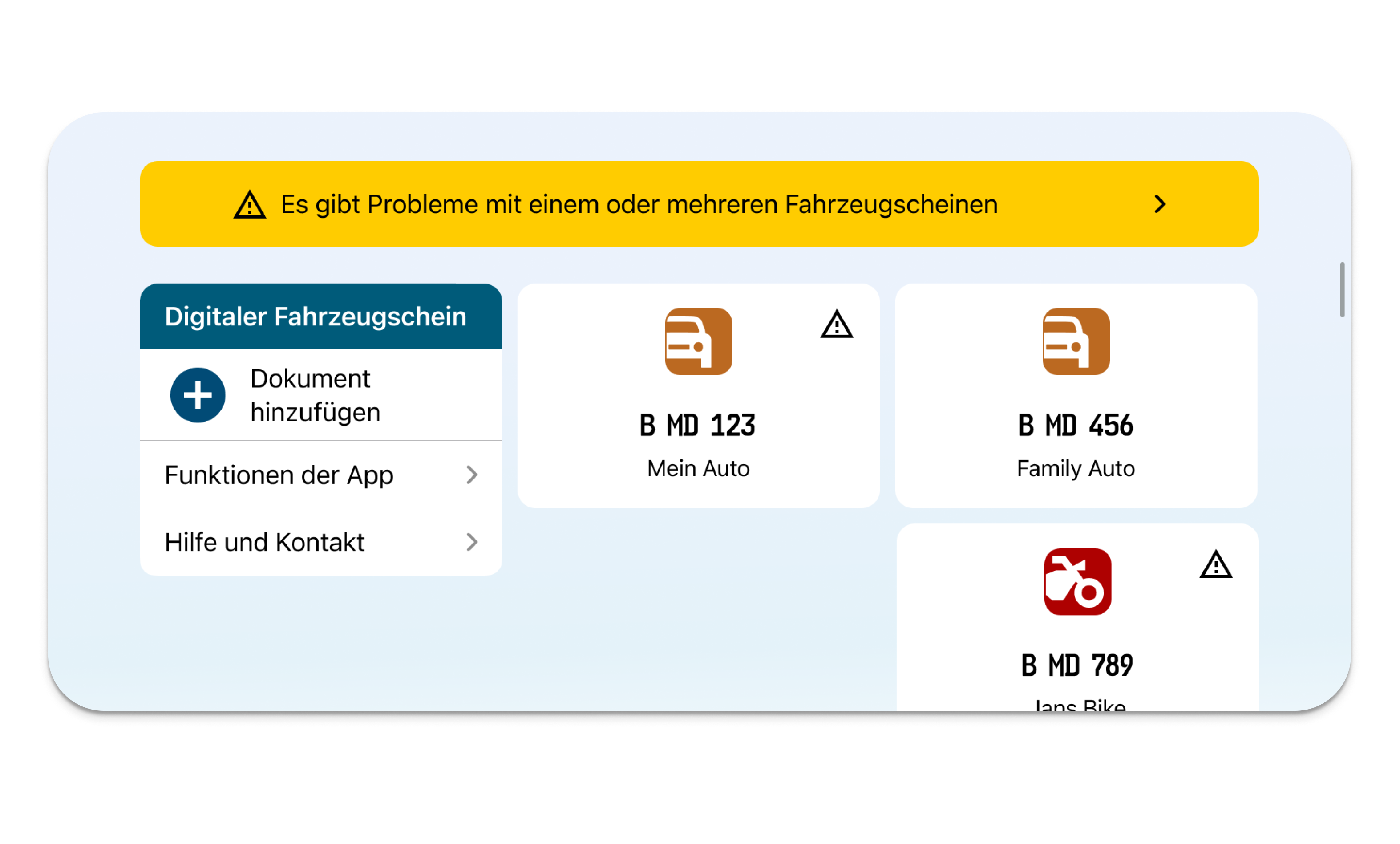 i-Kfz app showing accessible vehicle list and warning states